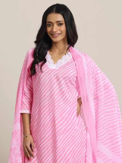 Libas Pink Printed Cotton Straight Suit Set With Dupatta