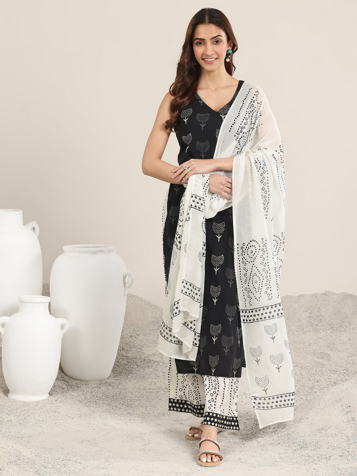 Libas Black Printed Cotton Straight Suit With Dupatta