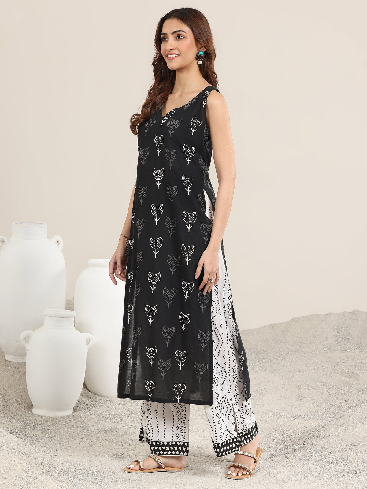 Libas Black Printed Cotton Straight Suit With Dupatta