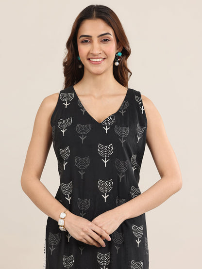 Libas Black Printed Cotton Straight Suit With Dupatta