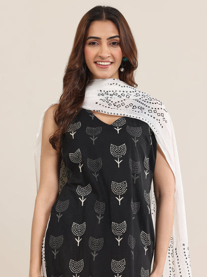 Libas Black Printed Cotton Straight Suit With Dupatta