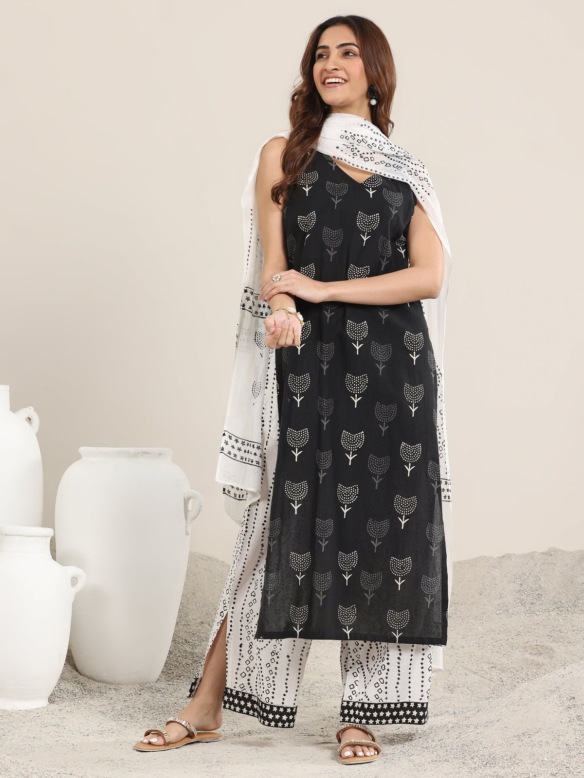 Libas Black Printed Cotton Straight Suit With Dupatta