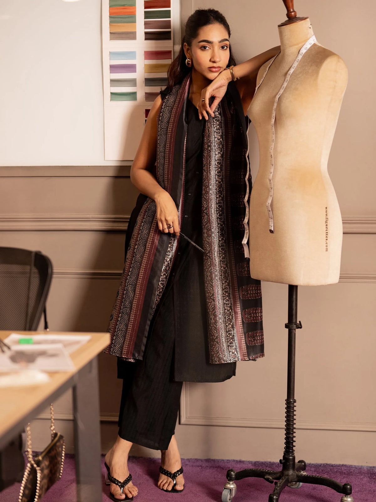 Libas Black Woven Design Silk Blend Straight Suit Set With Dupatta