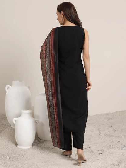 Libas Black Woven Design Silk Blend Straight Suit Set With Dupatta