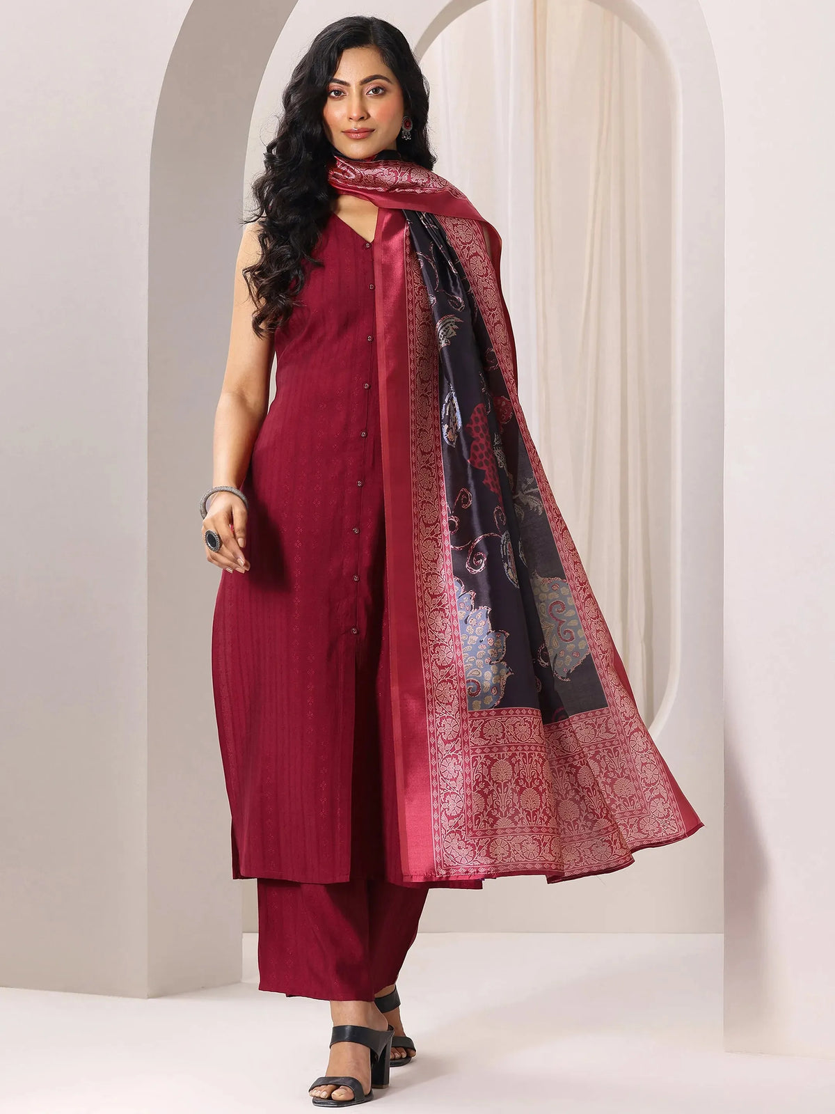 Libas Maroon Woven Design Silk Blend Straight Suit Set With Dupatta