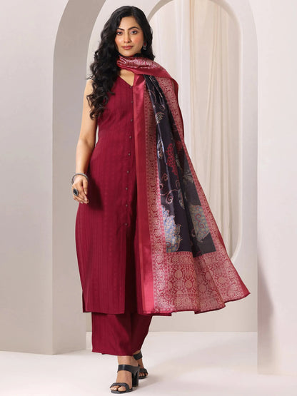 Libas Maroon Woven Design Silk Blend Straight Suit Set With Dupatta