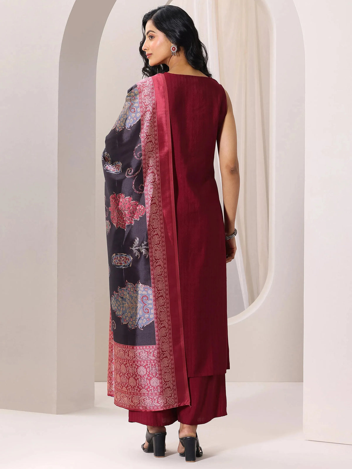 Libas Maroon Woven Design Silk Blend Straight Suit Set With Dupatta