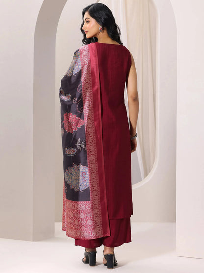 Libas Maroon Woven Design Silk Blend Straight Suit Set With Dupatta