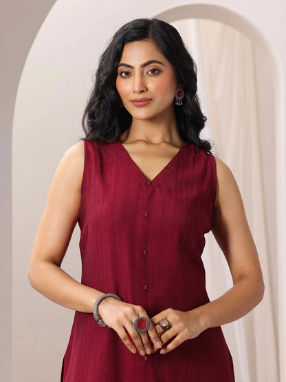 Libas Maroon Woven Design Silk Blend Straight Suit Set With Dupatta