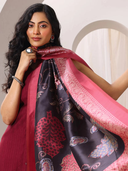 Libas Maroon Woven Design Silk Blend Straight Suit Set With Dupatta