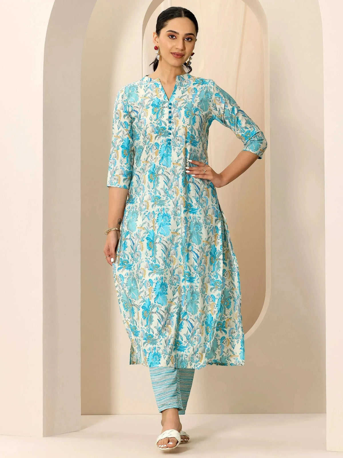 Libas Off White Printed Silk Blend Straight Kurta Set