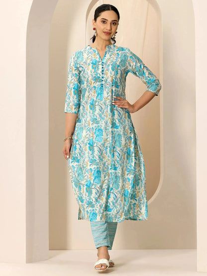 Libas Off White Printed Silk Blend Straight Kurta Set