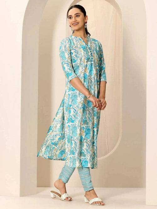 Libas Off White Printed Silk Blend Straight Kurta Set