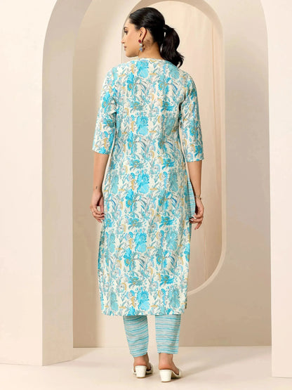 Libas Off White Printed Silk Blend Straight Kurta Set