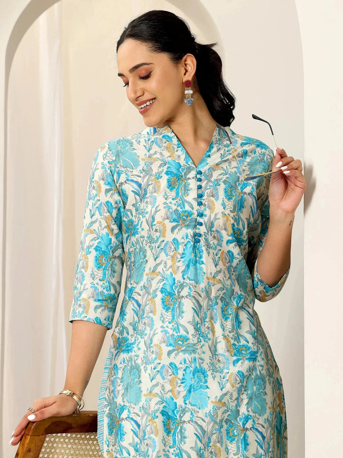 Libas Off White Printed Silk Blend Straight Kurta Set