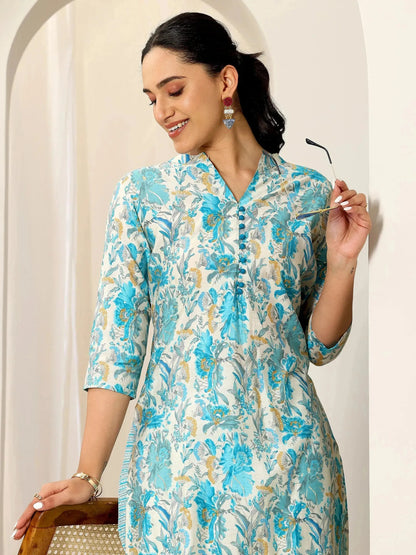 Libas Off White Printed Silk Blend Straight Kurta Set