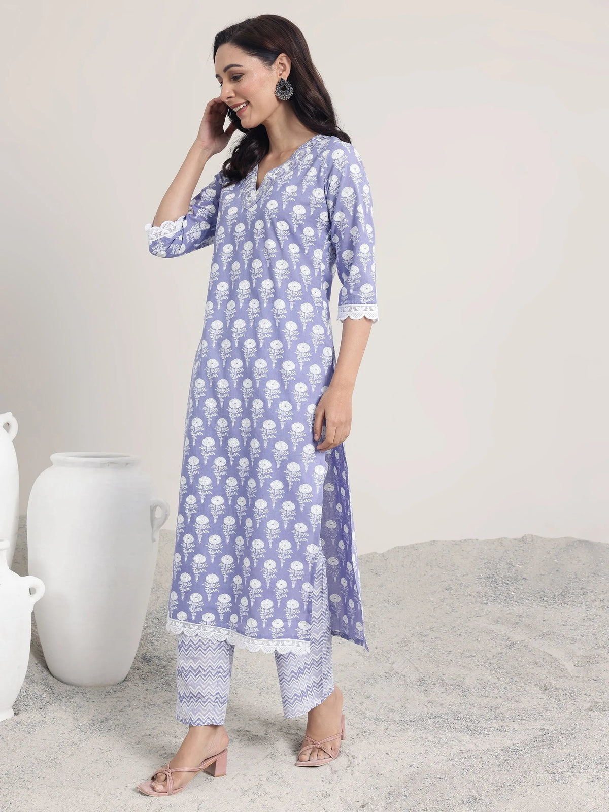 Libas Lavender Printed Cotton Straight Suit Set With Dupatta