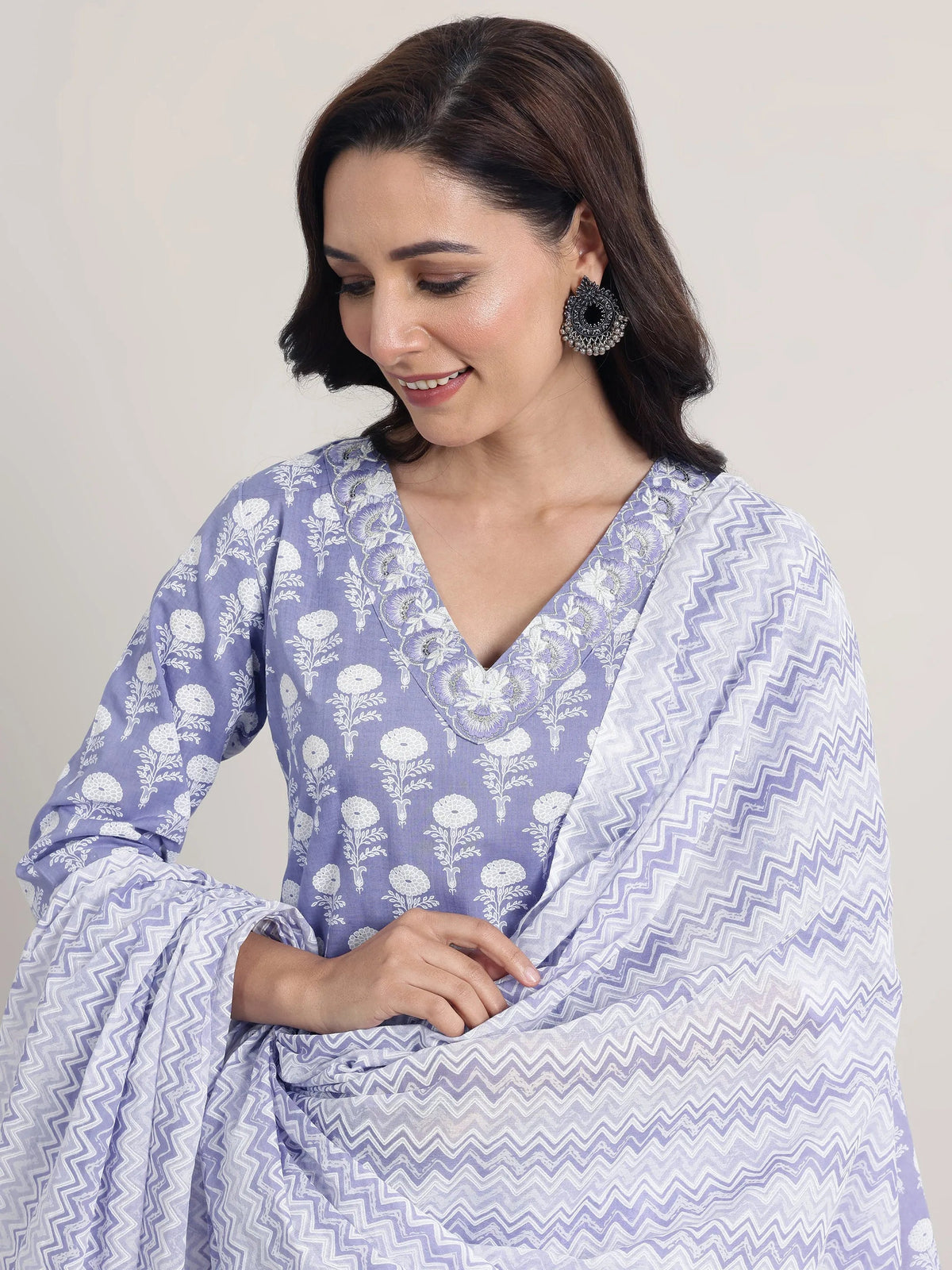 Libas Lavender Printed Cotton Straight Suit Set With Dupatta