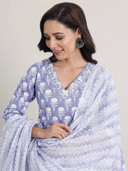 Libas Lavender Printed Cotton Straight Suit Set With Dupatta
