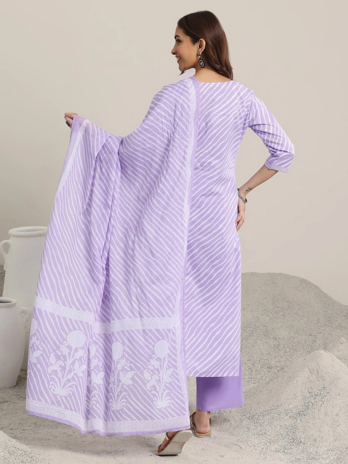 Libas Lavender Printed Cotton Straight  Suits With Dupatta