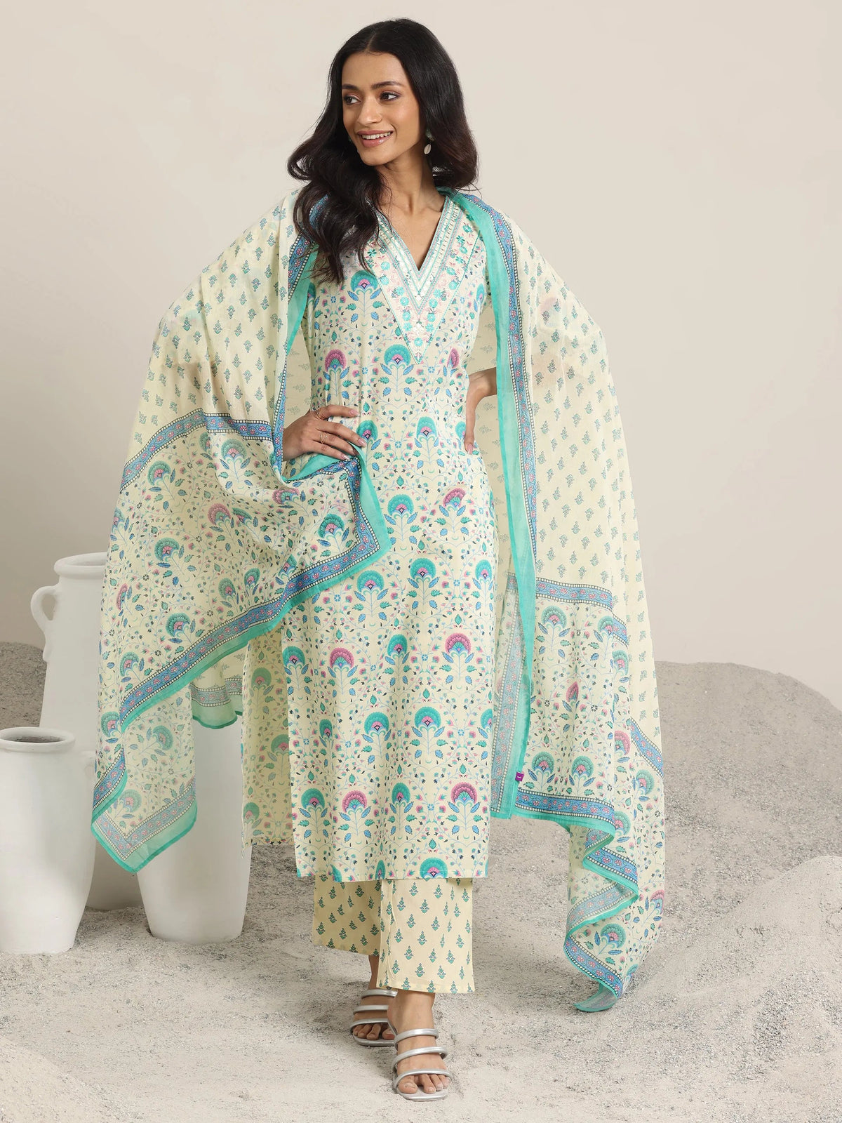 Libas Off White Printed Cotton Straight  Suits With Dupatta