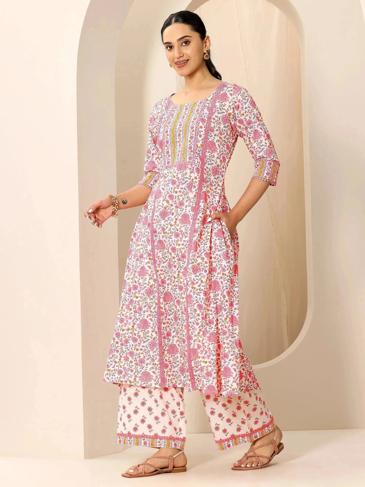 Libas Peach Printed Pure Cotton A-Line Kurta Set