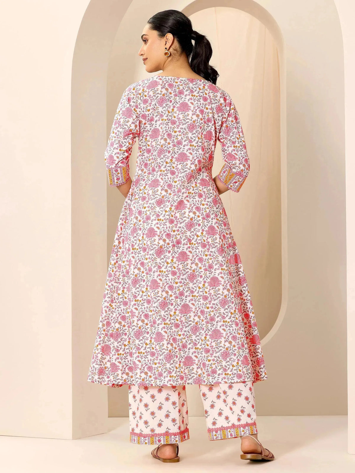 Libas Peach Printed Pure Cotton A-Line Kurta Set