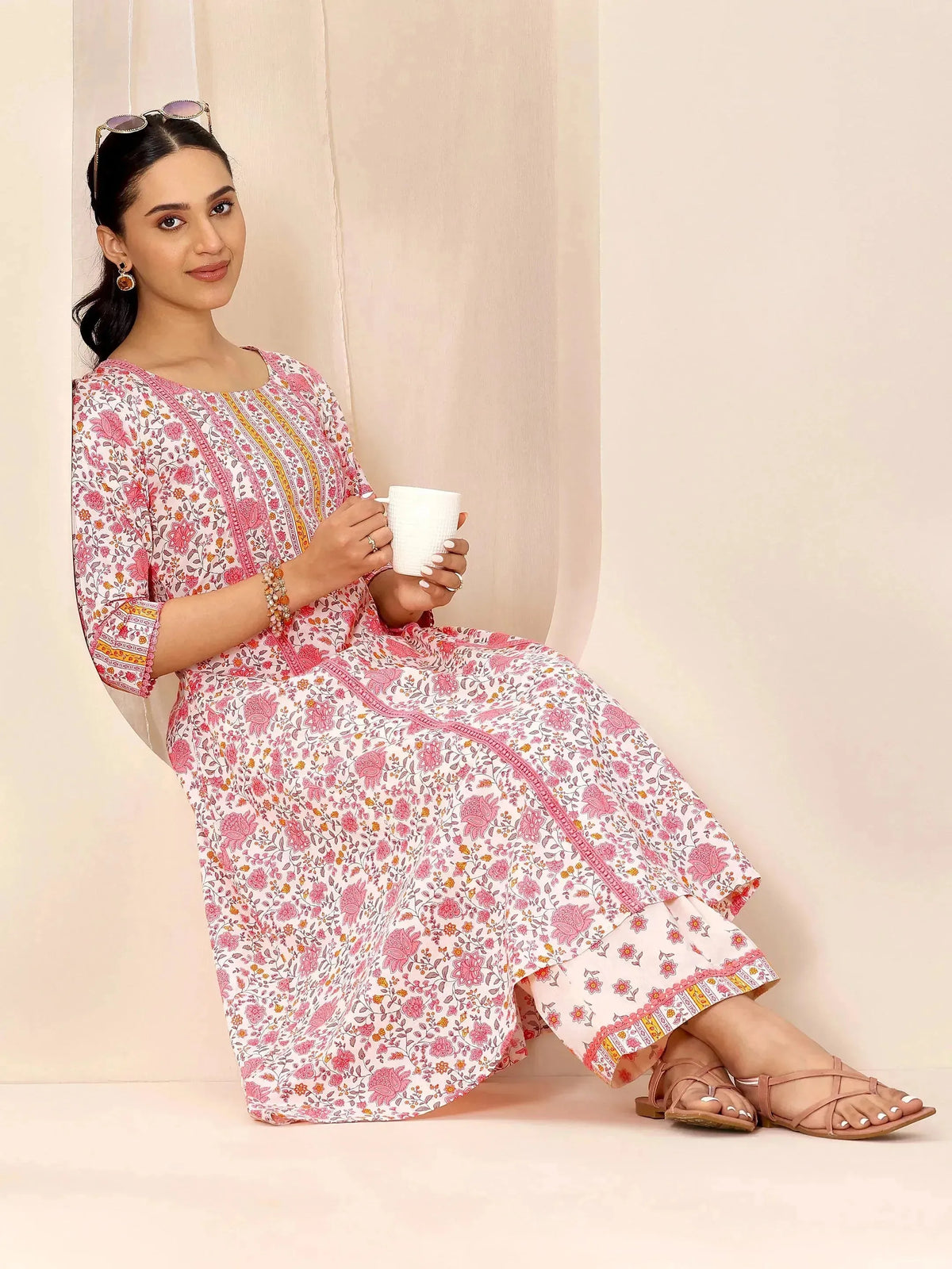 Libas Peach Printed Pure Cotton A-Line Kurta Set