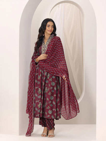 Libas Maroon Printed Silk Blend A-Line Suit Set With Dupatta