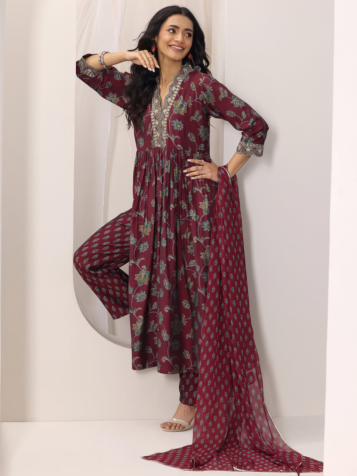 Libas Maroon Printed Silk Blend A-Line Suit Set With Dupatta