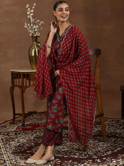 Libas Maroon Printed Silk Blend Straight Suit With Dupatta