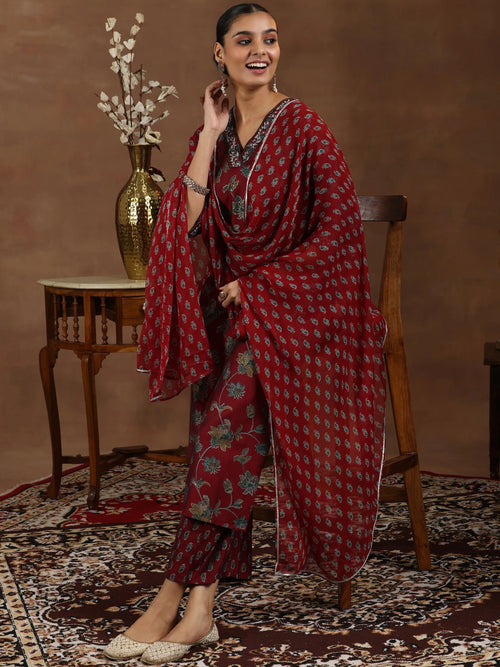 Libas Maroon Printed Silk Blend Straight Suit With Dupatta