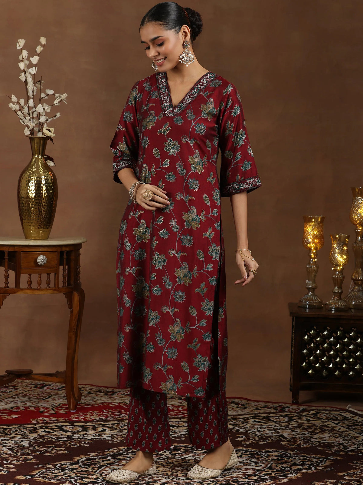 Libas Maroon Printed Silk Blend Straight Suit With Dupatta