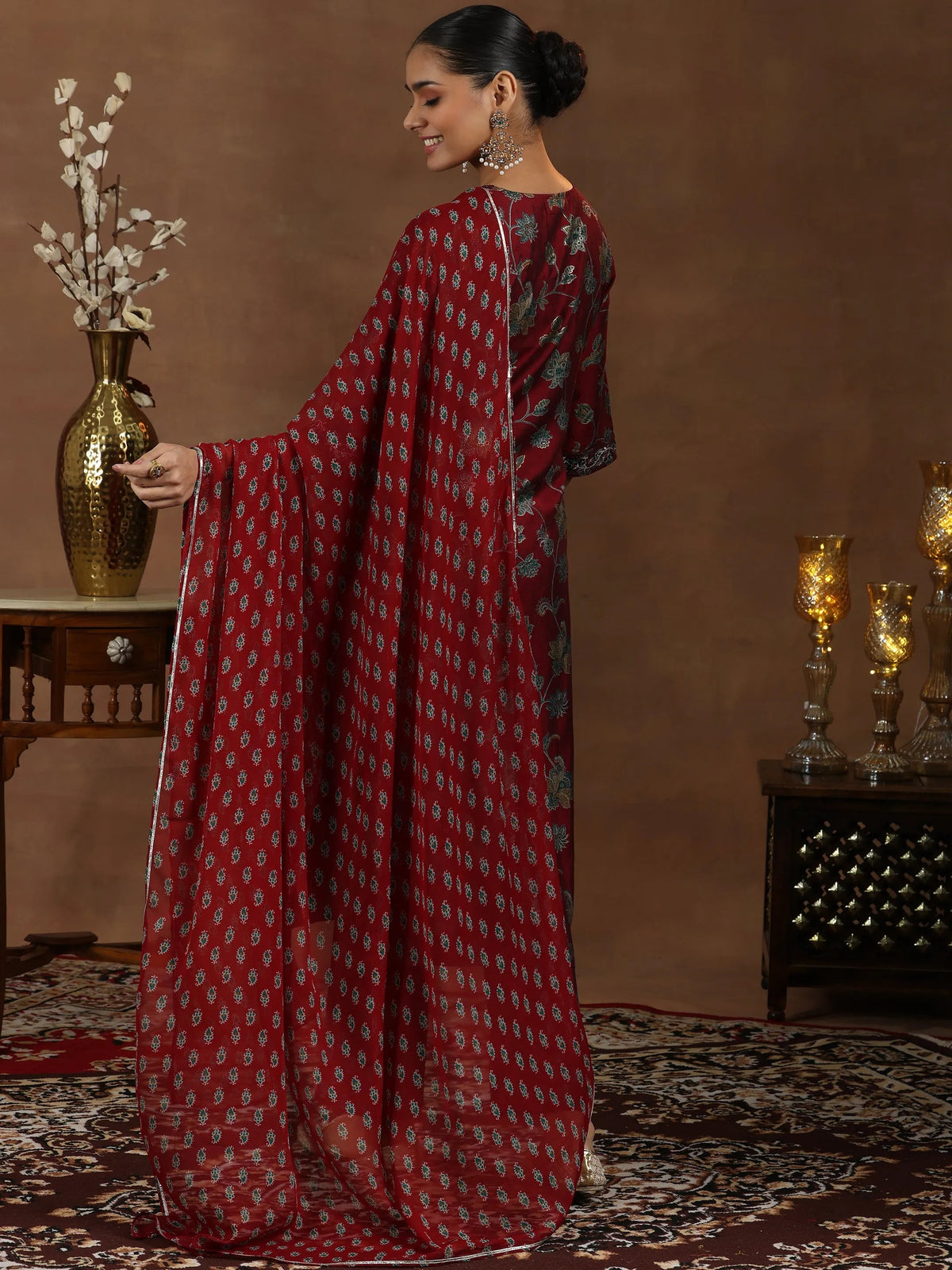 Libas Maroon Printed Silk Blend Straight Suit With Dupatta