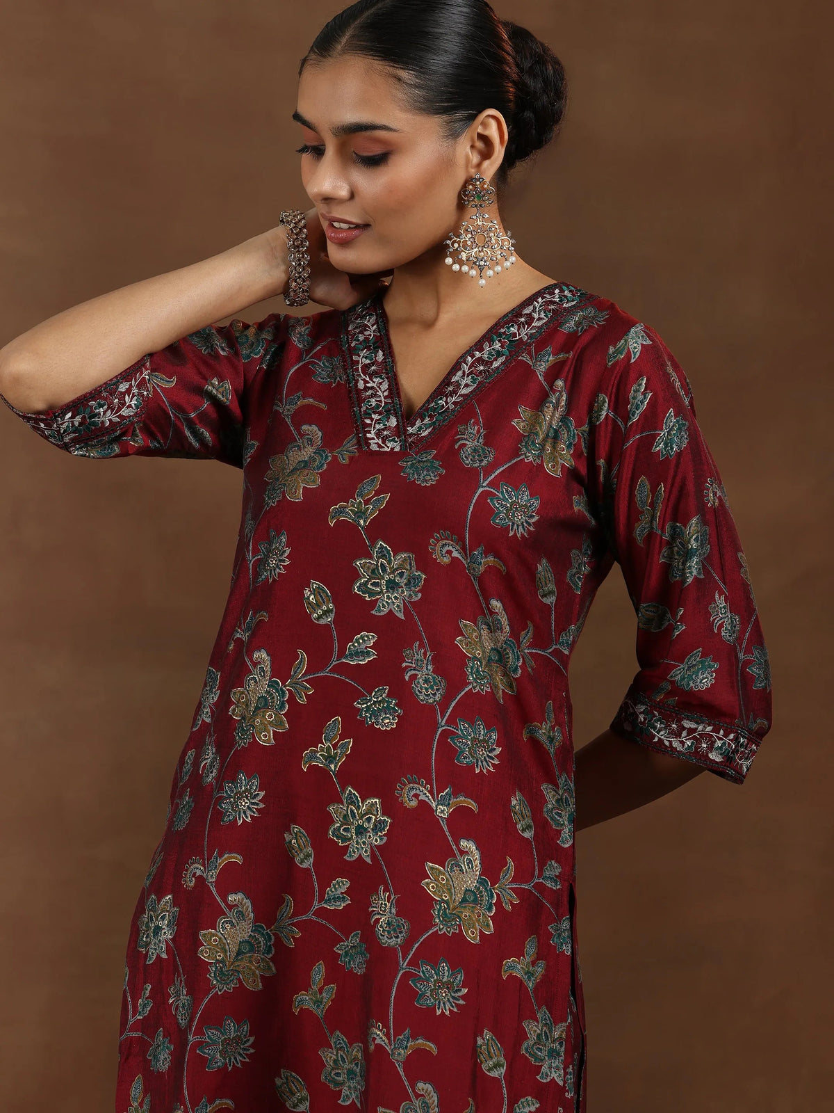Libas Maroon Printed Silk Blend Straight Suit With Dupatta