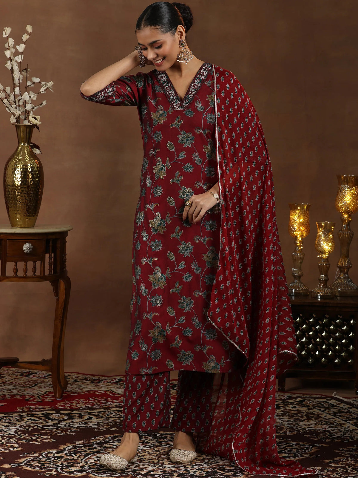 Libas Maroon Printed Silk Blend Straight Suit With Dupatta