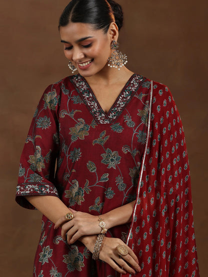 Libas Maroon Printed Silk Blend Straight Suit With Dupatta
