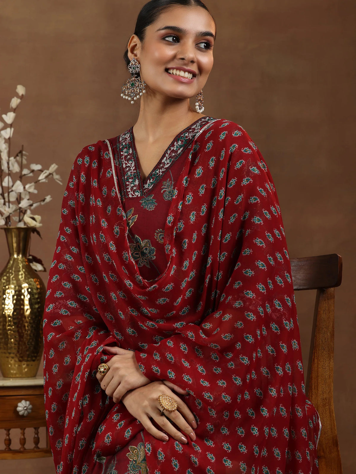 Libas Maroon Printed Silk Blend Straight Suit With Dupatta
