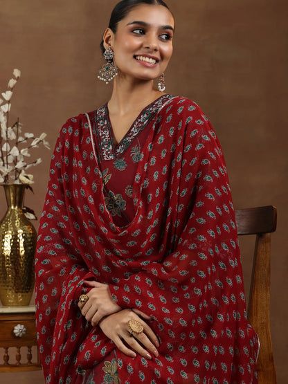 Libas Maroon Printed Silk Blend Straight Suit With Dupatta