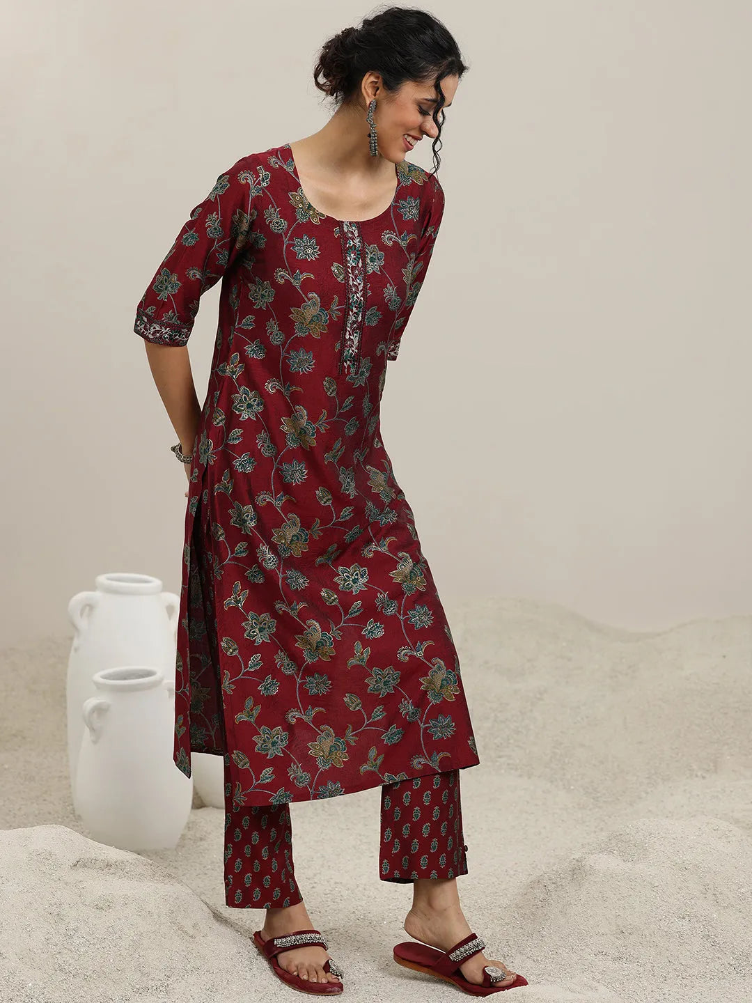 Libas Maroon Printed Silk Blend Straight  Suits With Dupatta
