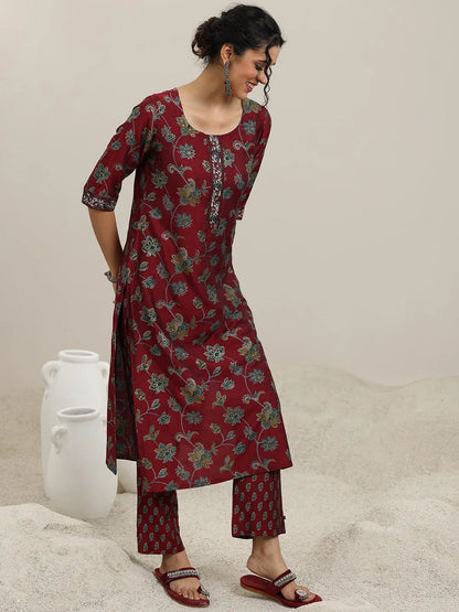 Libas Maroon Printed Silk Blend Straight  Suits With Dupatta