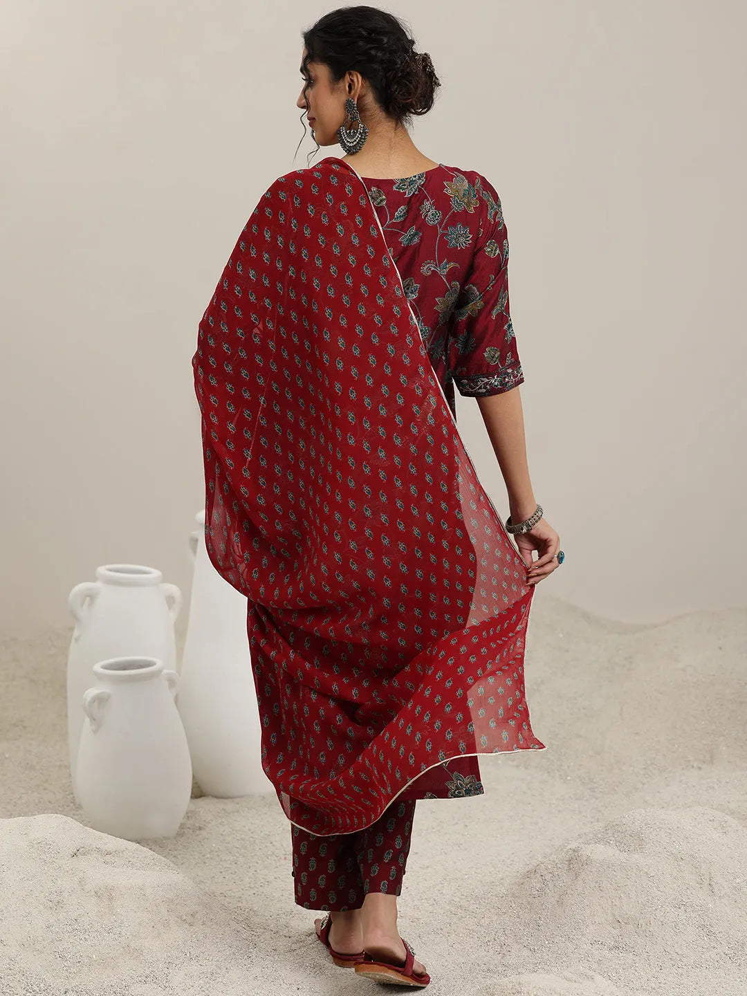 Libas Maroon Printed Silk Blend Straight  Suits With Dupatta