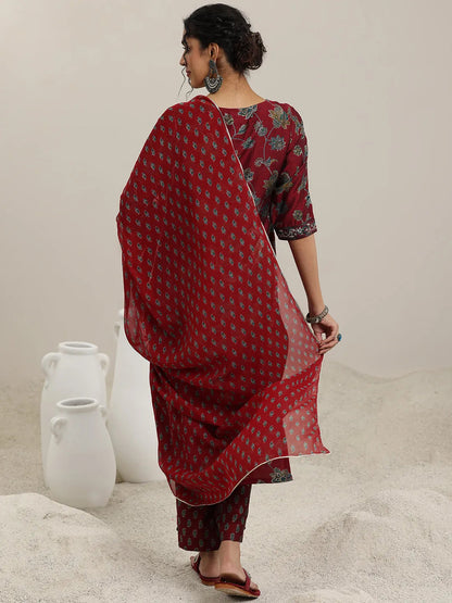 Libas Maroon Printed Silk Blend Straight  Suits With Dupatta