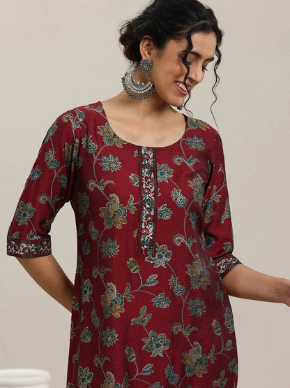 Libas Maroon Printed Silk Blend Straight  Suits With Dupatta
