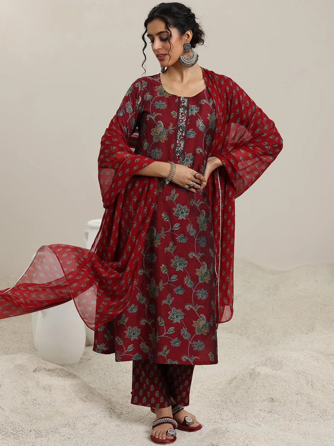 Libas Maroon Printed Silk Blend Straight  Suits With Dupatta