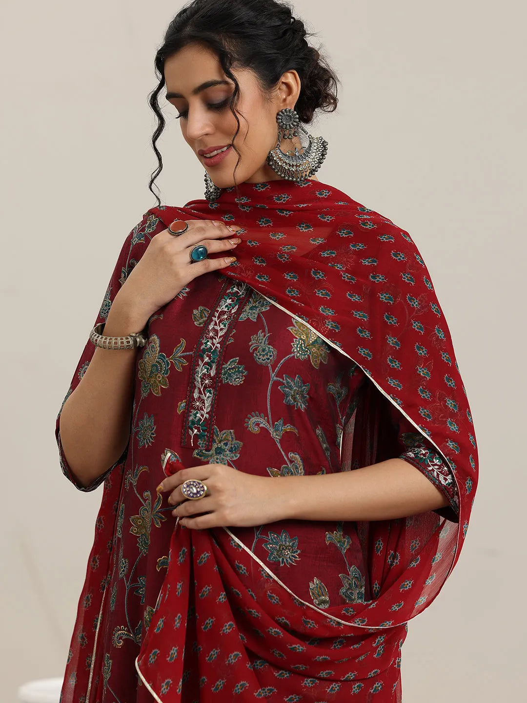 Libas Maroon Printed Silk Blend Straight  Suits With Dupatta