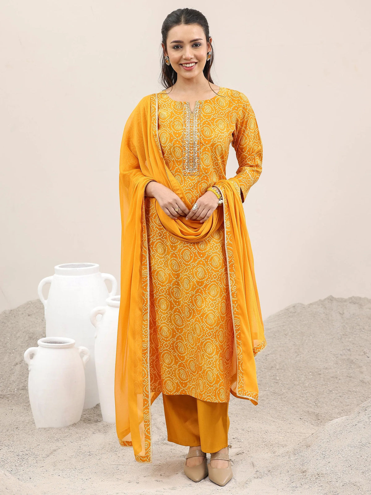 Libas Mustard Printed Rayon Straight Suit With Dupatta