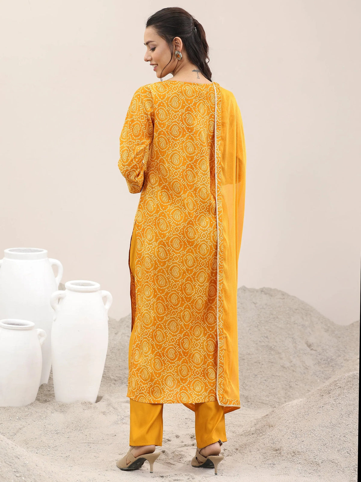 Libas Mustard Printed Rayon Straight Suit With Dupatta