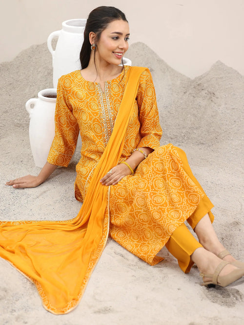 Libas Mustard Printed Rayon Straight Suit With Dupatta