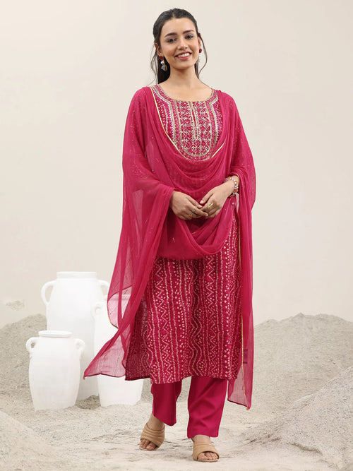 Libas Pink Printed Rayon Straight Suit With Dupatta